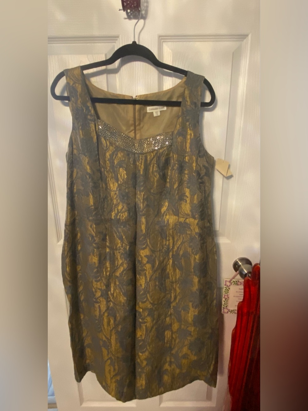 Coldwater Creek Gold and Gray Brocade Dress with Rhinestone Accents